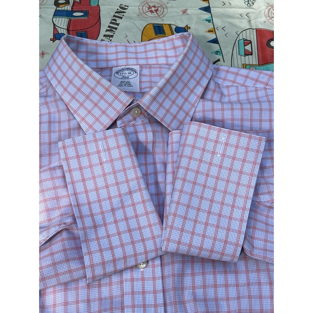 Brooks Brothers 346 Slim Fit Non-Iron French Cuff Dress Shirt 17.5-35 Plaid Red